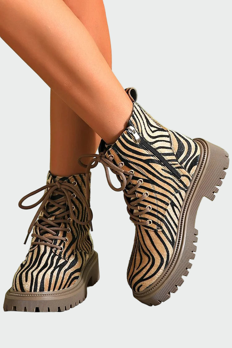 Lace-Up Ankle Boots in Zebra Print