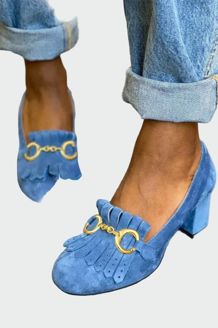 Stiletto with Fringed Detail and Golden Buckle