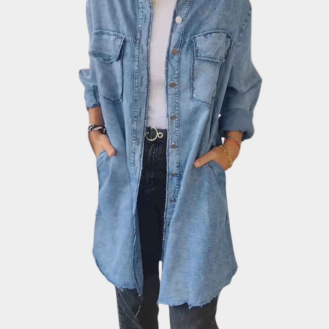 Denim Shirt with Long Sleeves and Classic Collar