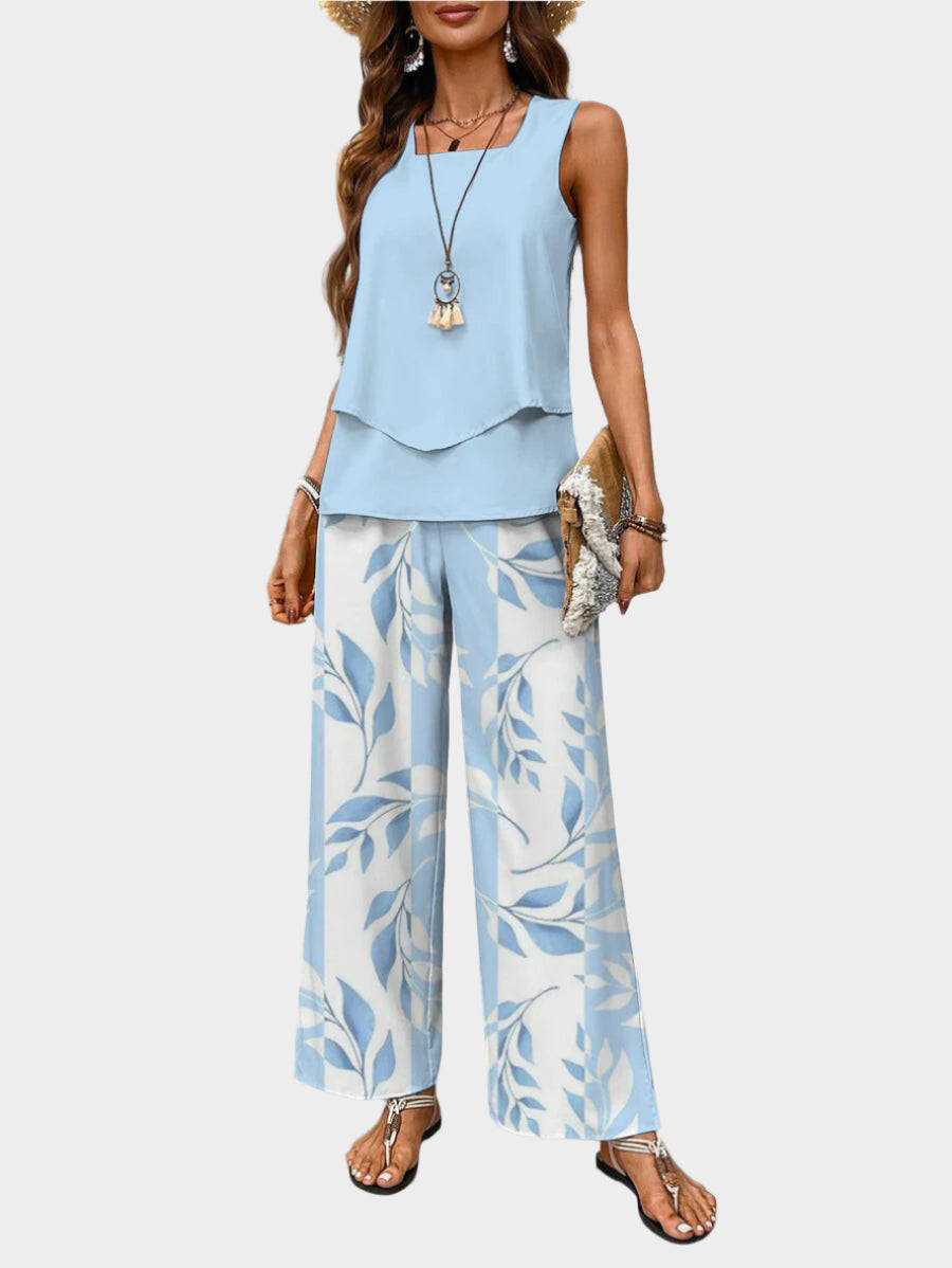 Summer Set with Sleeveless Top and Wide-Leg Trousers with Patterns