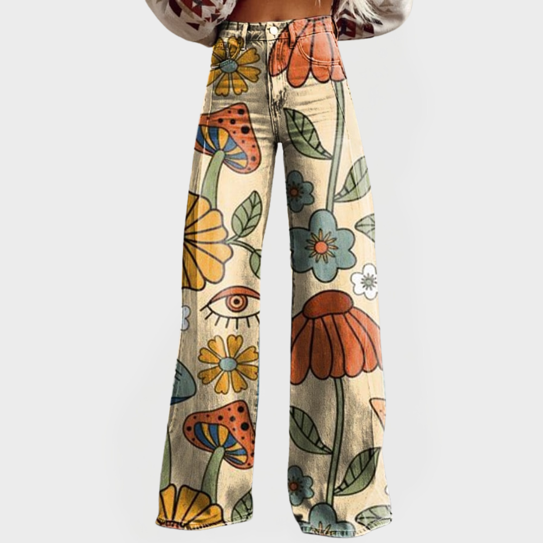 Wide-Leg Jeans with Retro Floral Design