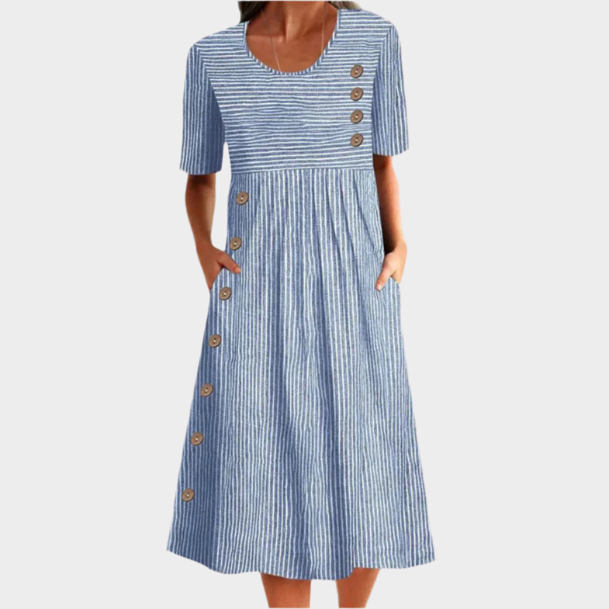 Midi Dress with Buttons and Striped Design