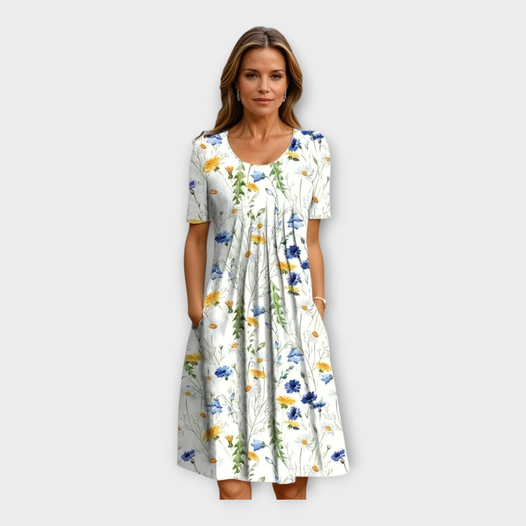 Dress with Floral Pattern and Short Sleeves