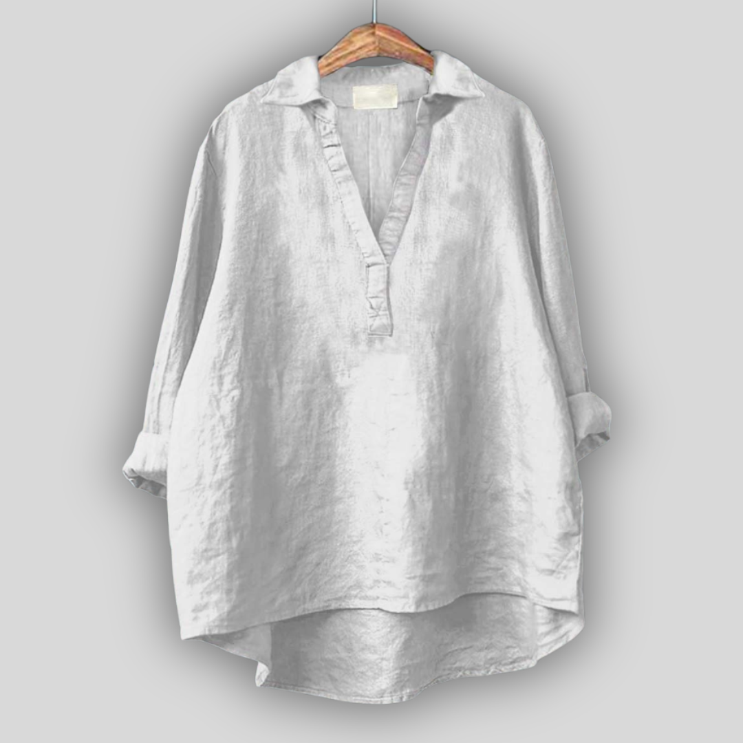 White Linen Blouse with V-Neck