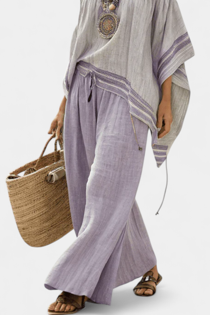 Bamboo off-shoulder set with wide trousers for a chic and fresh style
