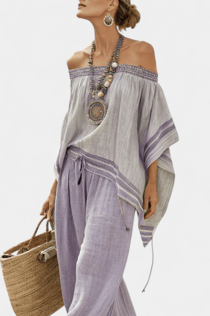 Bamboo off-shoulder set with wide trousers for a chic and fresh style