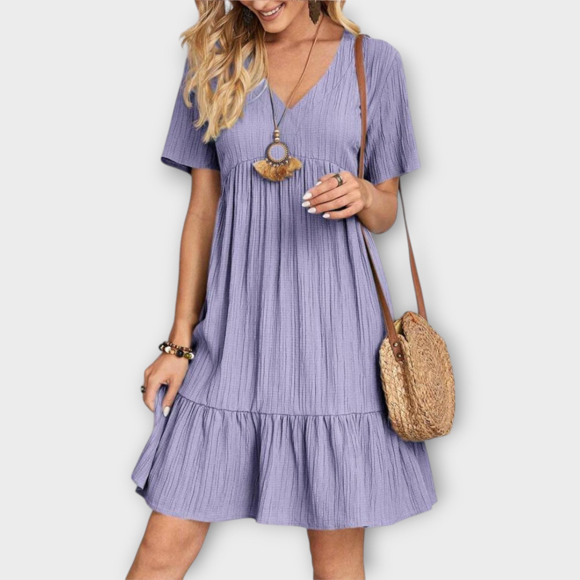 Boho Summer Dress with Pleats and Short Sleeves