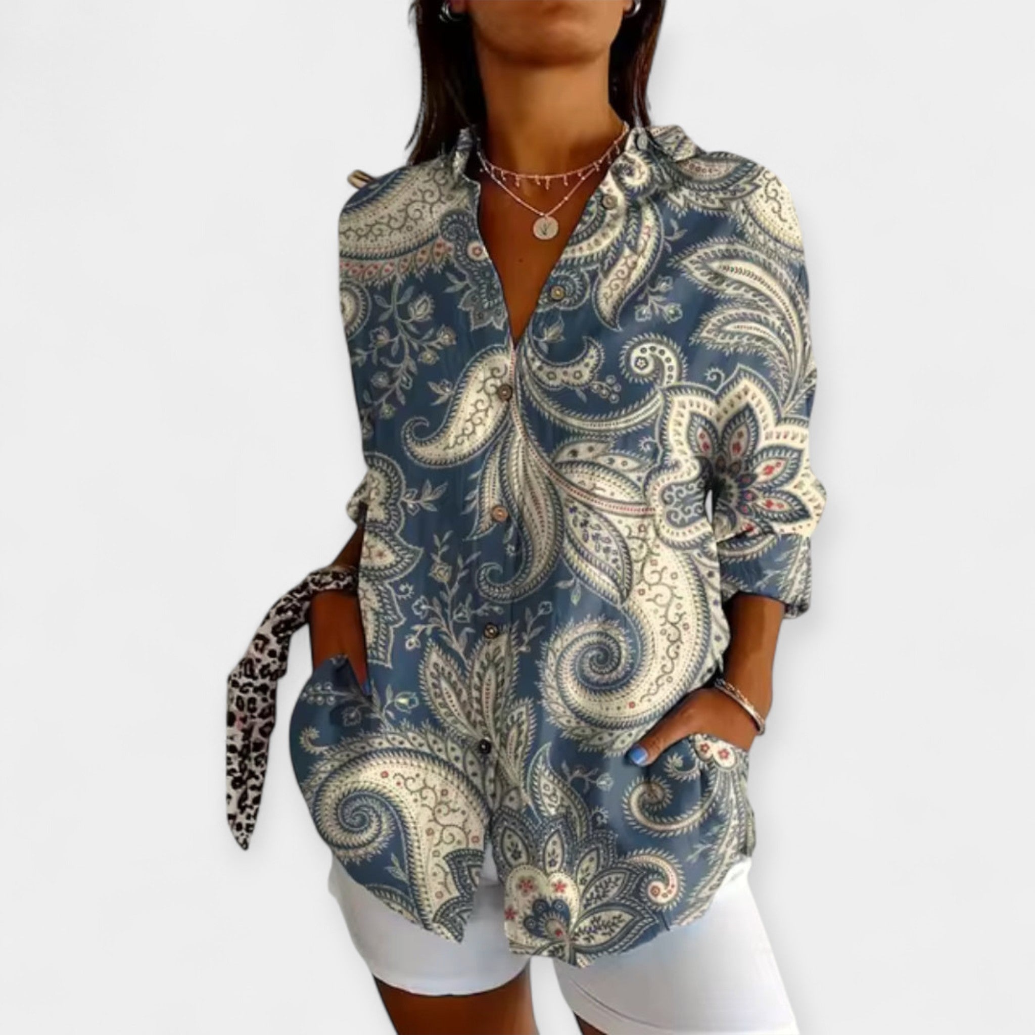 Button-Up Blouse with Floral Design