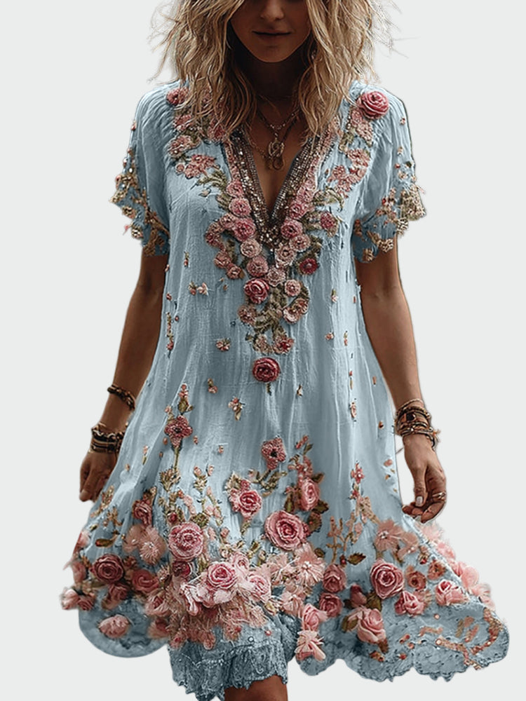 Vintage Style Dress with Short Sleeves and Elegant Floral Embroidery