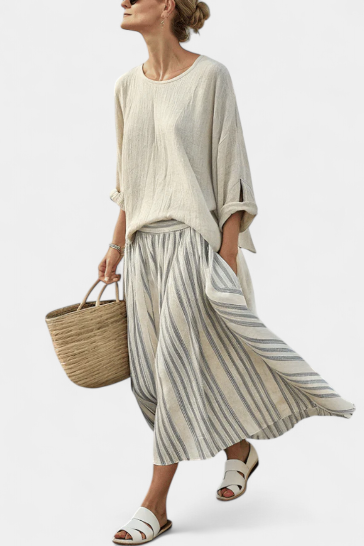 Casual Daisy Set with Oversized Top and Striped Midi Skirt Made from Bamboo Linen for a Stylish and Comfortable Look