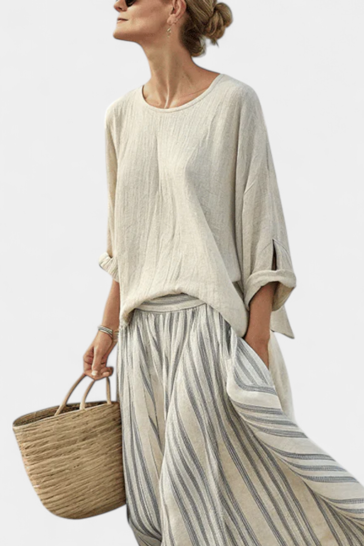 Casual Daisy Set with Oversized Top and Striped Midi Skirt Made from Bamboo Linen for a Stylish and Comfortable Look