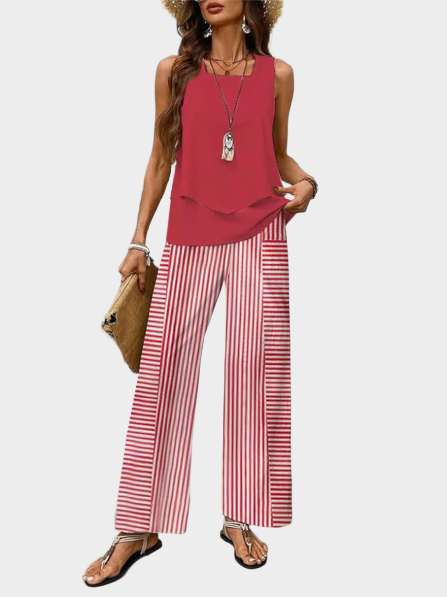 Summer Set with Sleeveless Top and Wide-Leg Trousers with Patterns