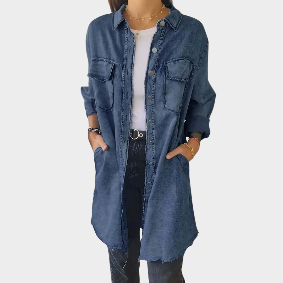 Denim Shirt with Long Sleeves and Classic Collar