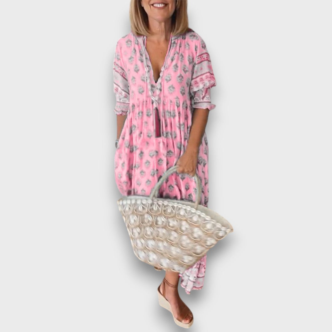 Airy Boho Dress with 3/4 Sleeves and Laced Neckline