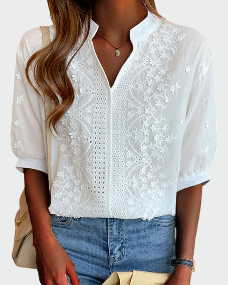 Blouse with Lace Details and Puff Sleeves