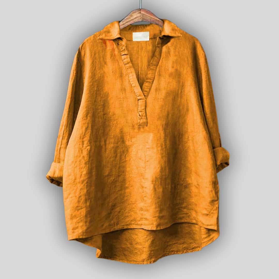 White Linen Blouse with V-Neck