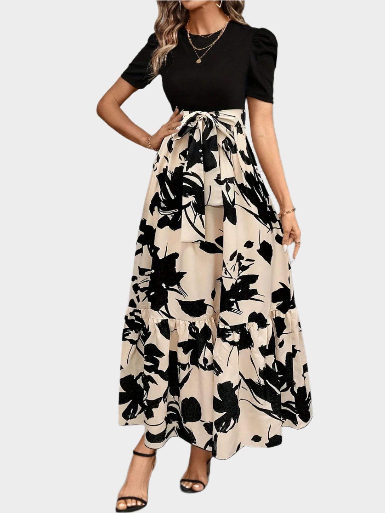 Floral Dress with High Waist and Striped Patterns