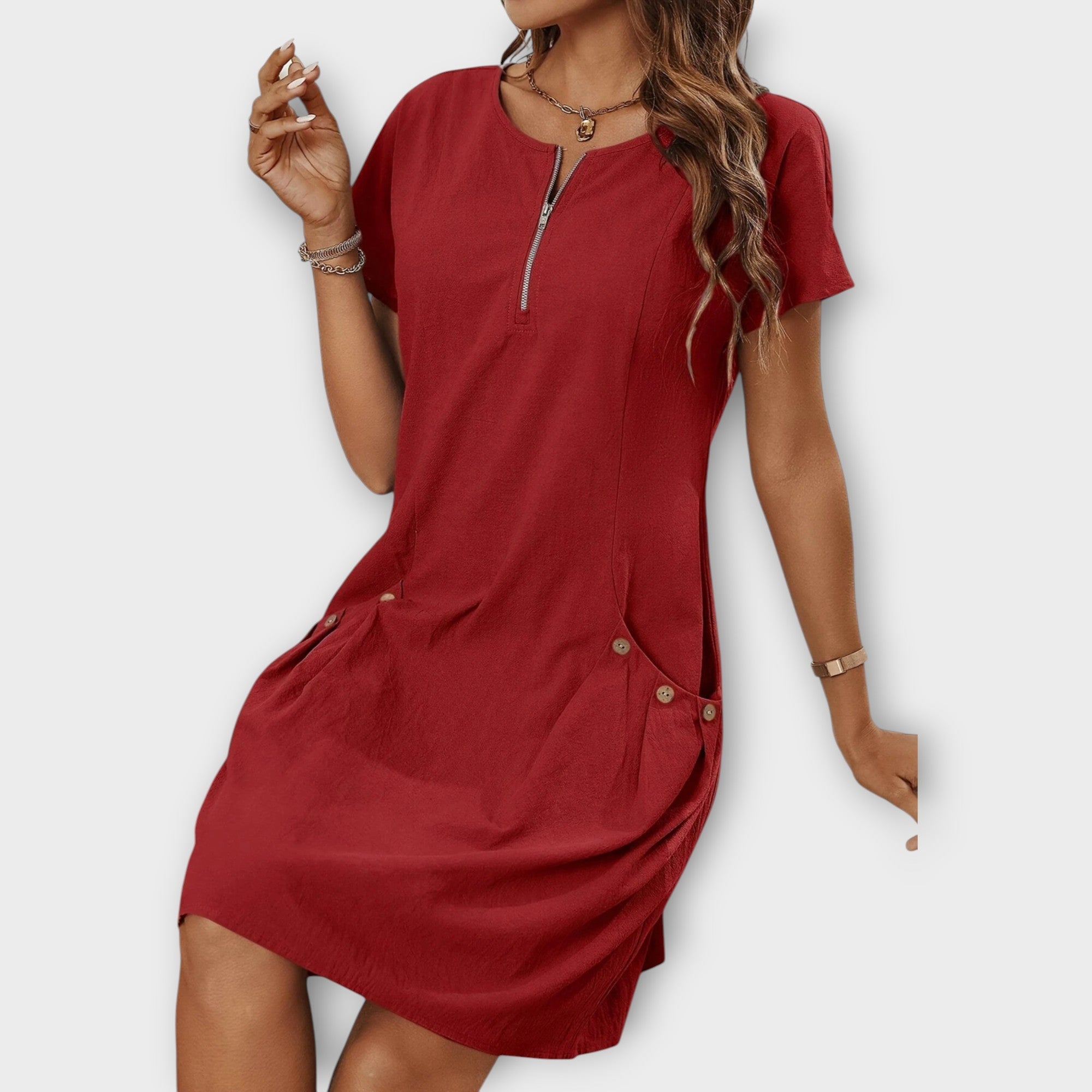 Mini Dress with Short Sleeves and Zip at the Décolletage