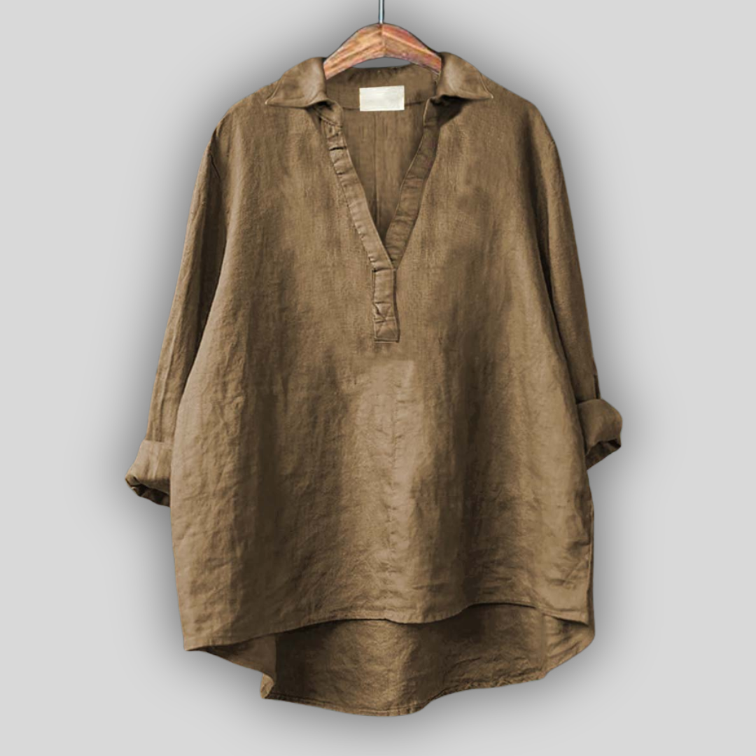 White Linen Blouse with V-Neck