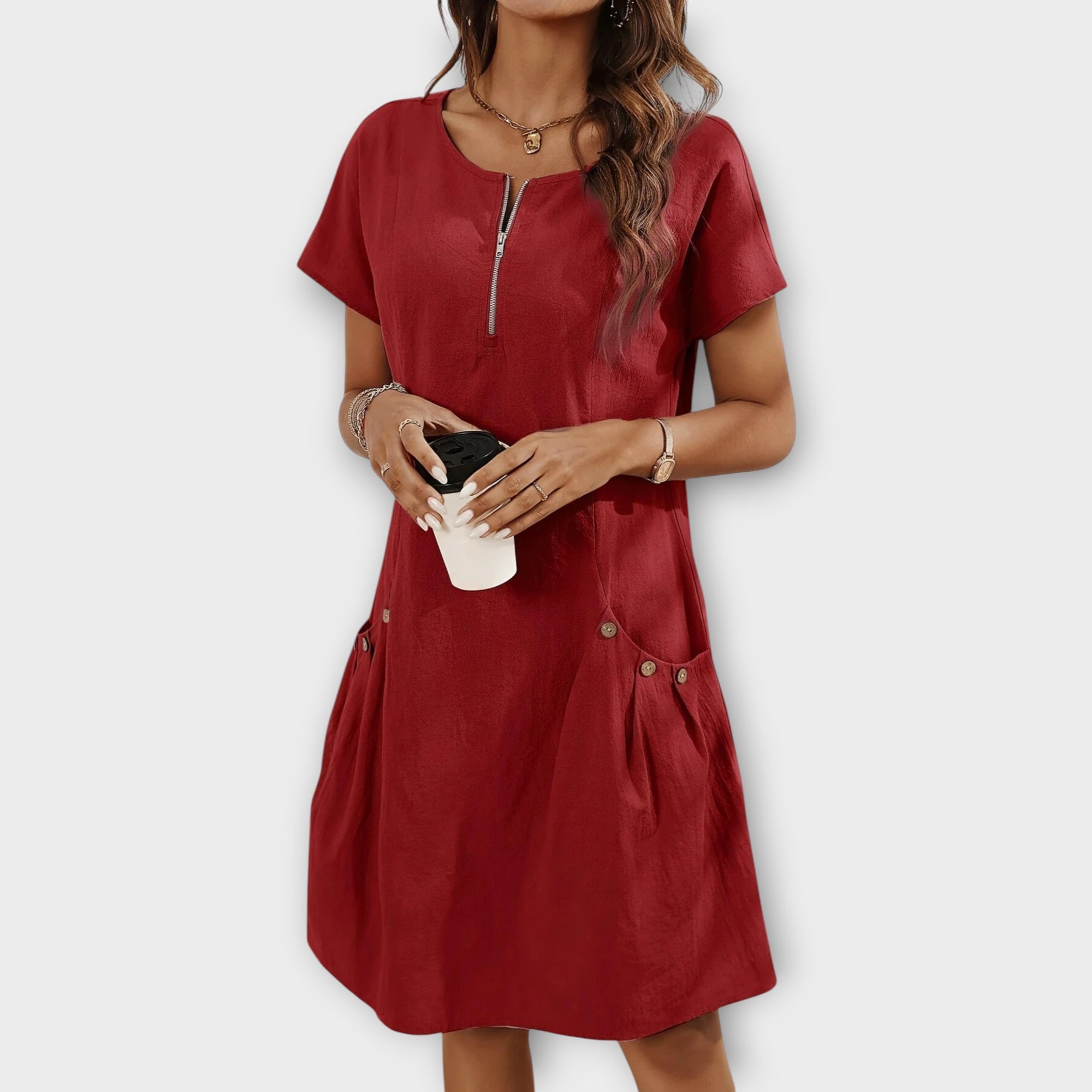 Mini Dress with Short Sleeves and Zip at the Décolletage