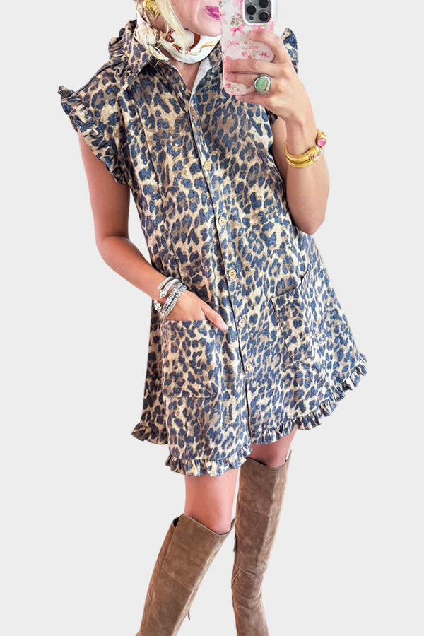 Dress with Leopard Pocket and Elegant Ruffle Detail