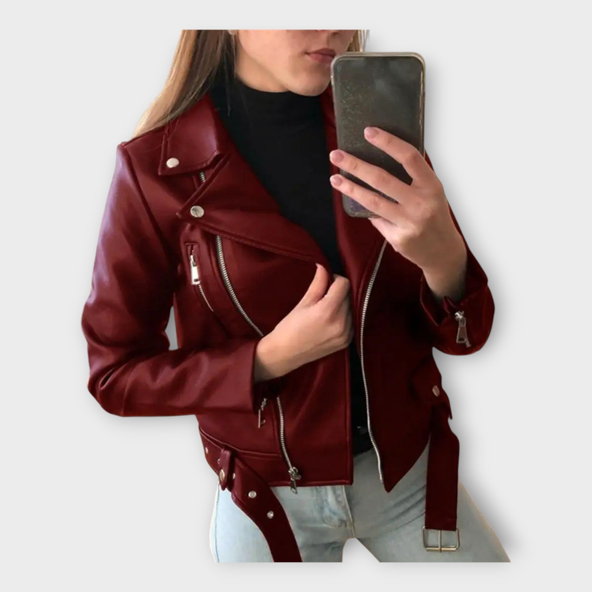 Modern Leather Jacket with Belt and Zip
