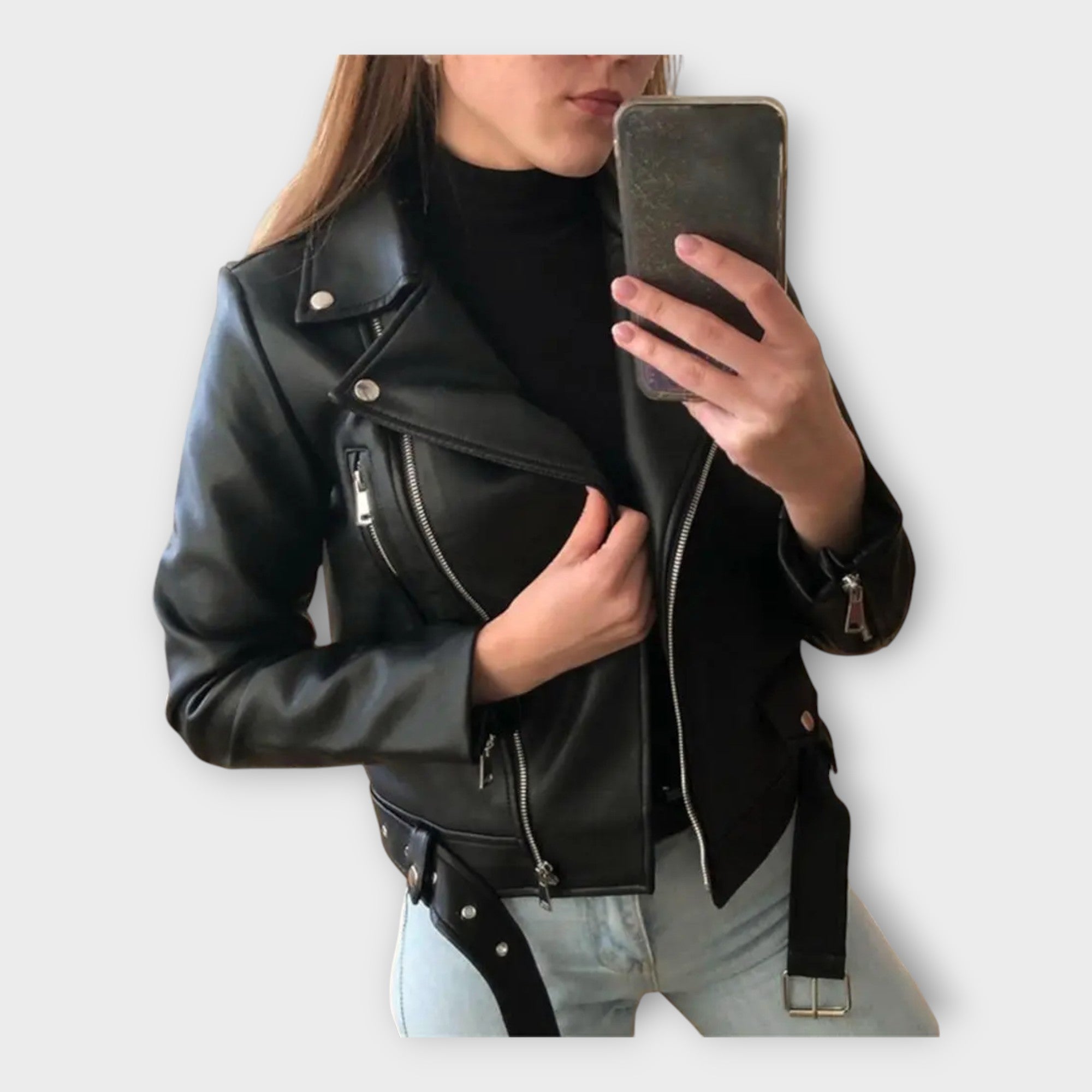 Modern Leather Jacket with Belt and Zip