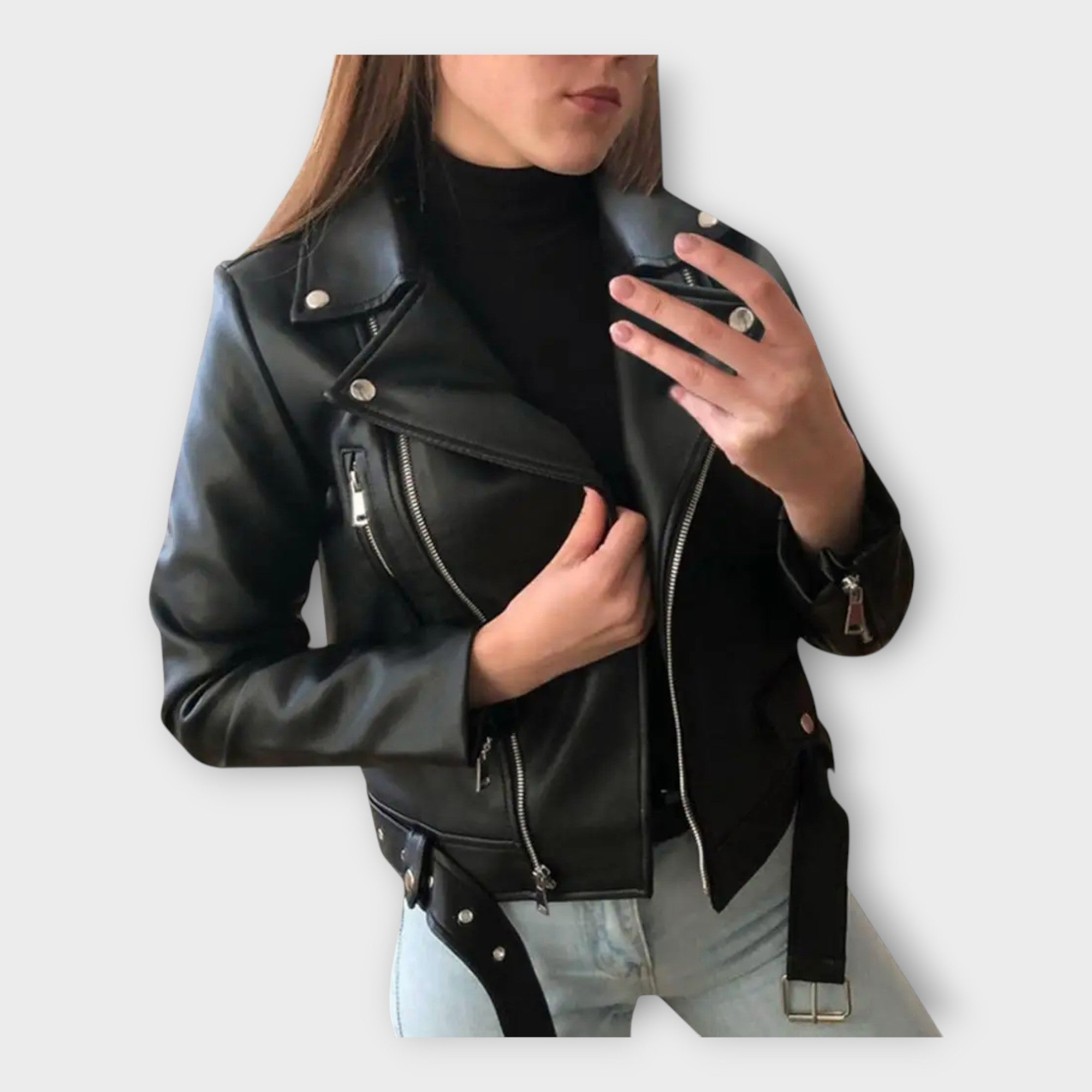 Modern Leather Jacket with Belt and Zip