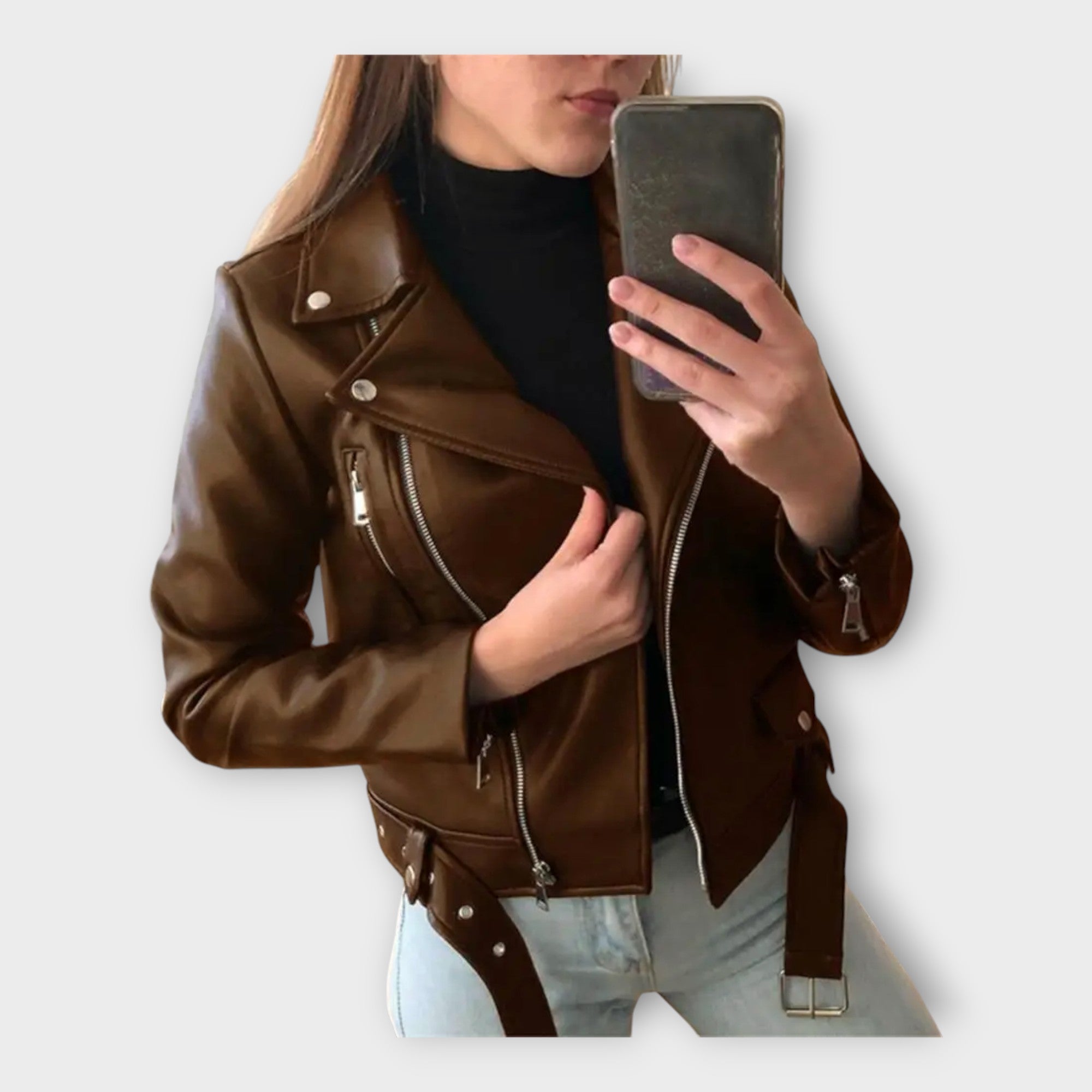 Modern Leather Jacket with Belt and Zip