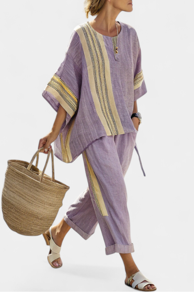 Set of bamboo linen in enchanting lavender with yellow stripe details