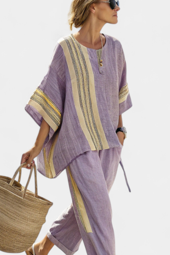 Set of bamboo linen in enchanting lavender with yellow stripe details