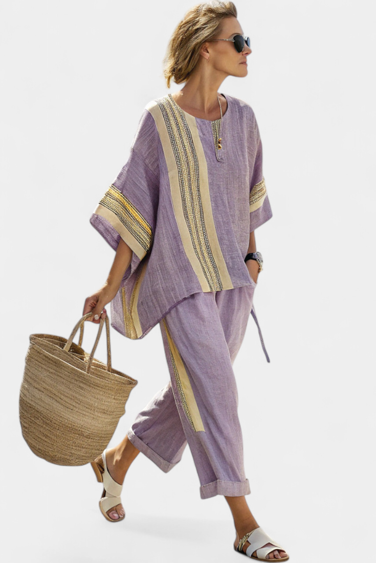 Set of bamboo linen in enchanting lavender with yellow stripe details