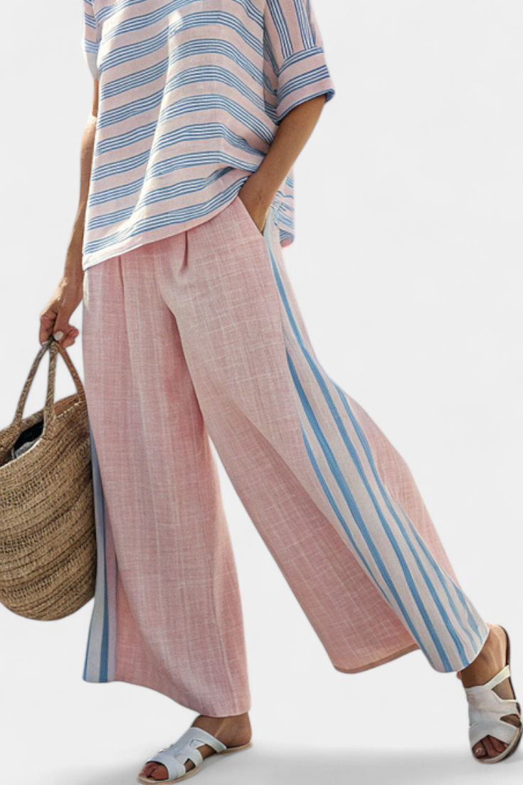 Daisy Mediterranean Bamboo Linen Set in Soft Pink with Elegant Blue Stripes