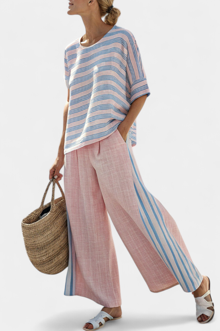 Daisy Mediterranean Bamboo Linen Set in Soft Pink with Elegant Blue Stripes