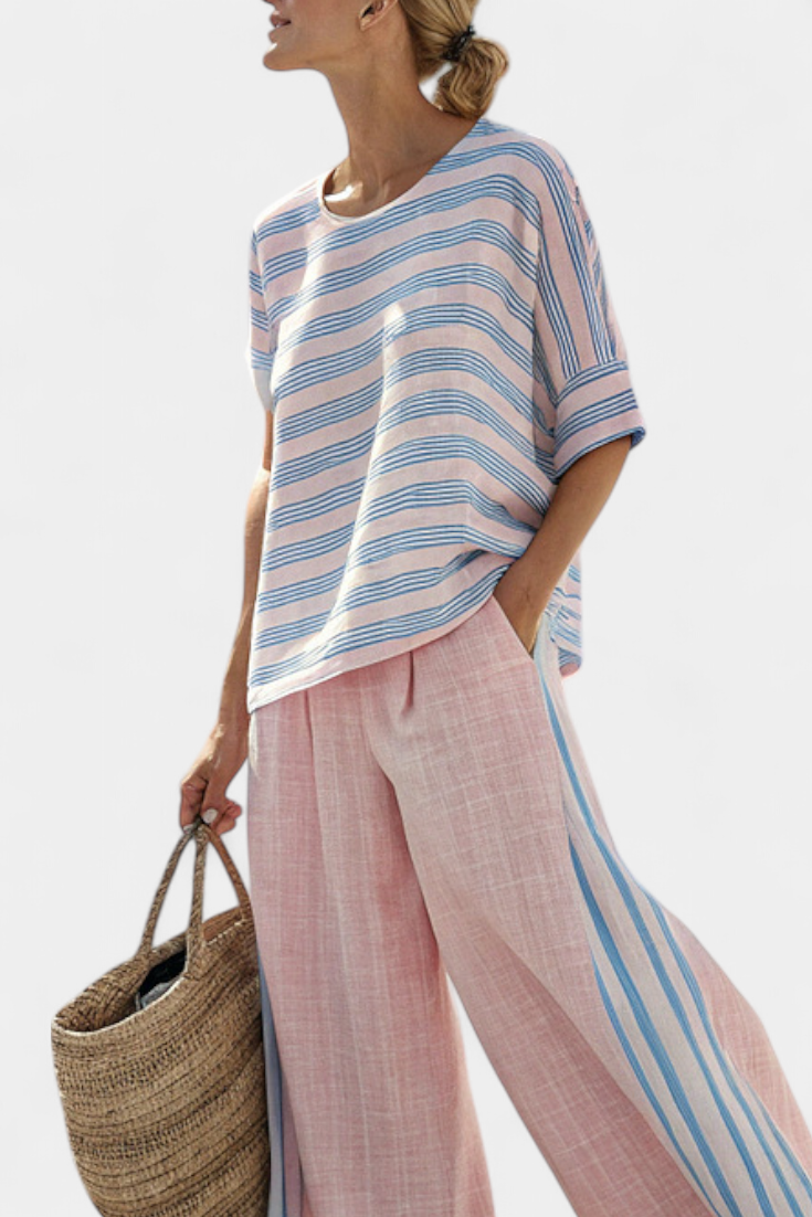 Daisy Mediterranean Bamboo Linen Set in Soft Pink with Elegant Blue Stripes