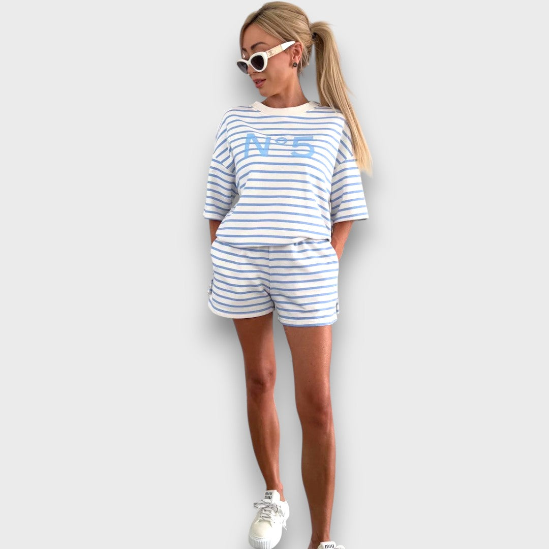 Striped Blouse and Shorts Set with Print