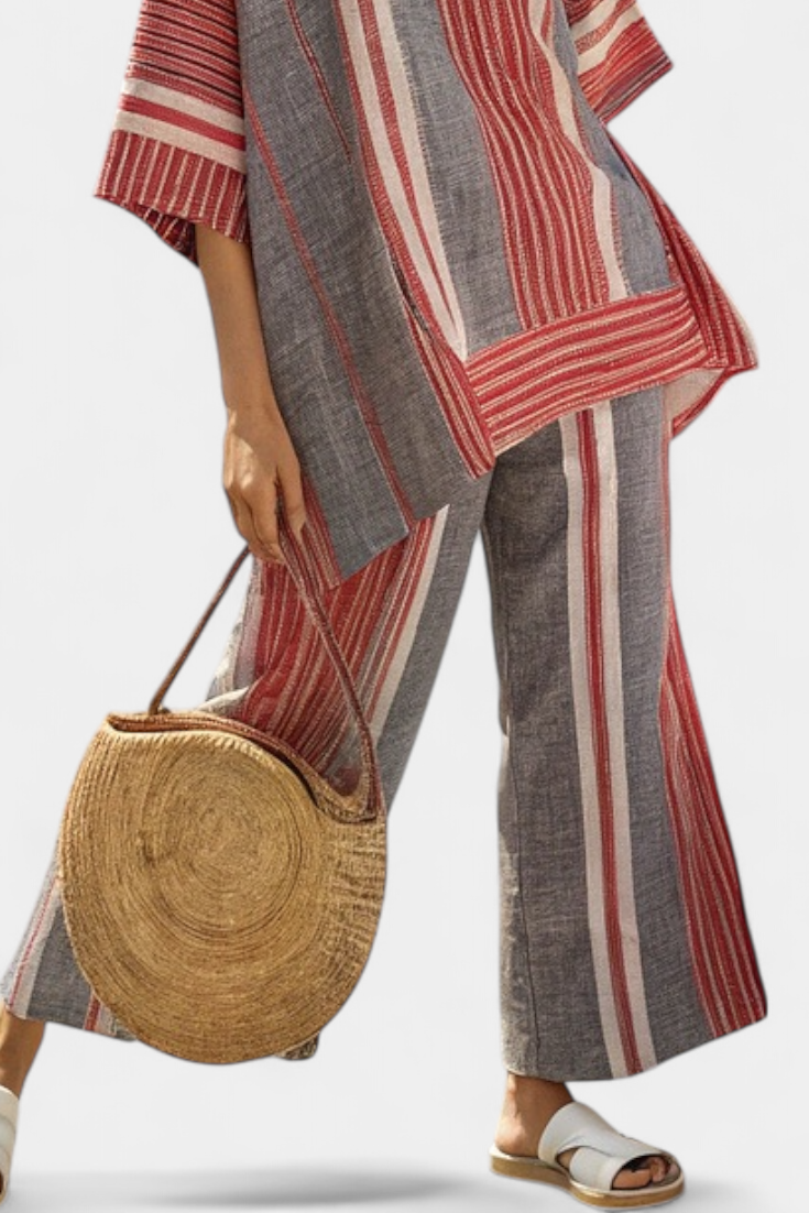 Oversized Daisy Dungarees in Linen with Striped Coral Red and Grey, Modern and Comfortable Style