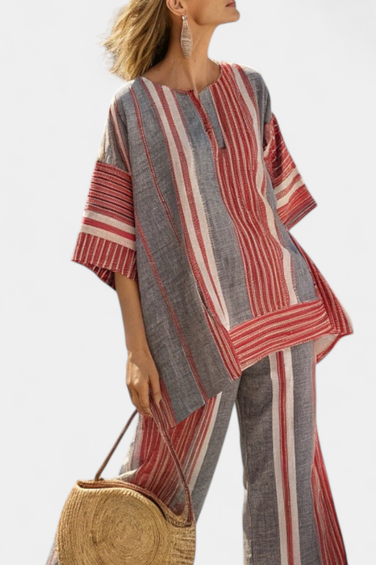 Oversized Daisy Dungarees in Linen with Striped Coral Red and Grey, Modern and Comfortable Style