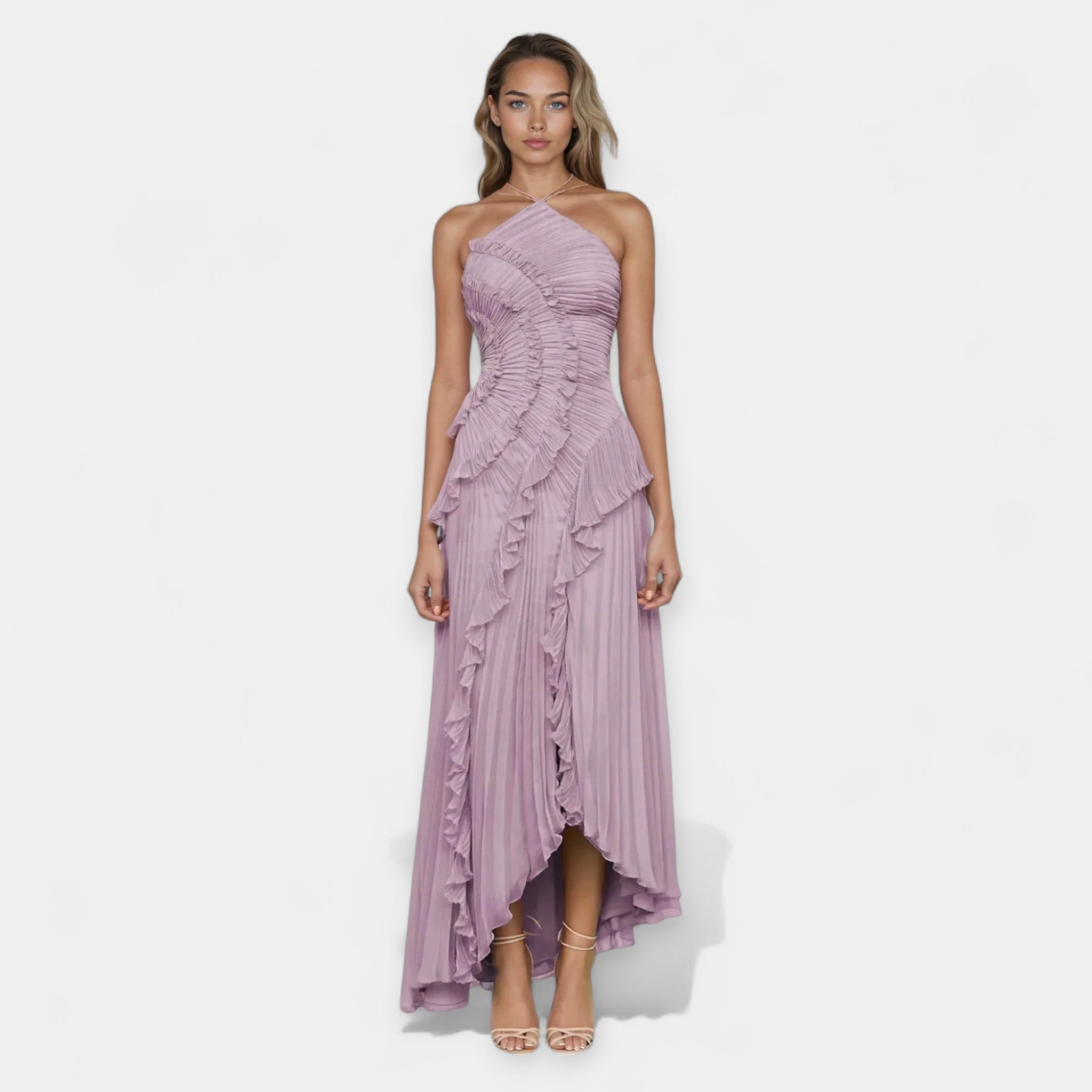 Lilac Midi Dress with Ruffled Straps