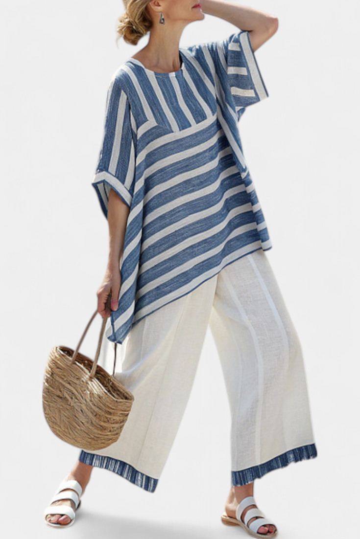 Elegant Mediterranean Linen Set with Blue Stripes and Trousers with a Hem for a Fresh and Chic Look