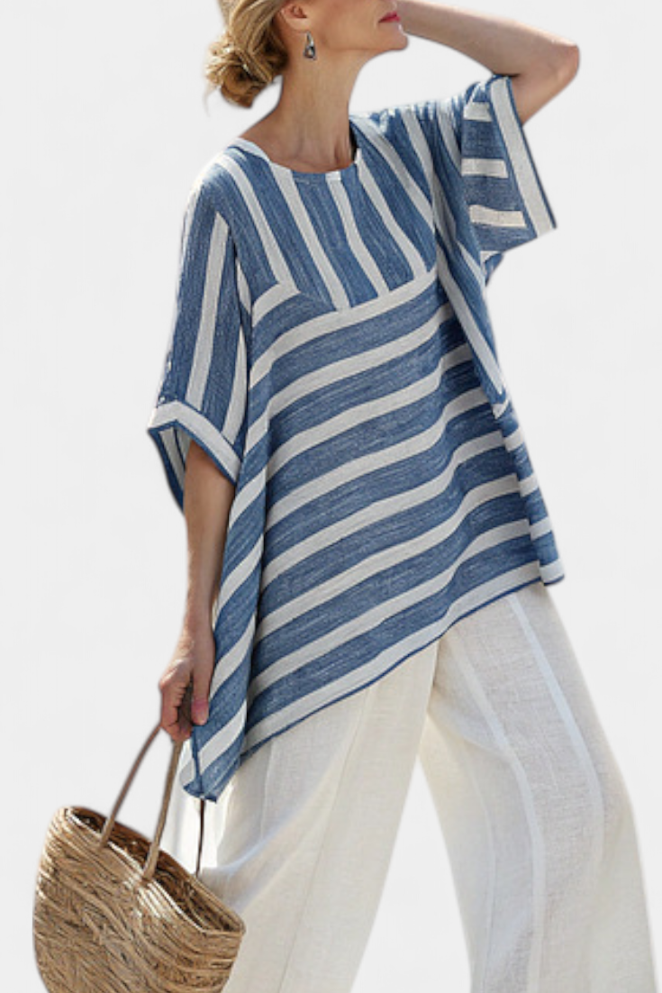 Elegant Mediterranean Linen Set with Blue Stripes and Trousers with a Hem for a Fresh and Chic Look