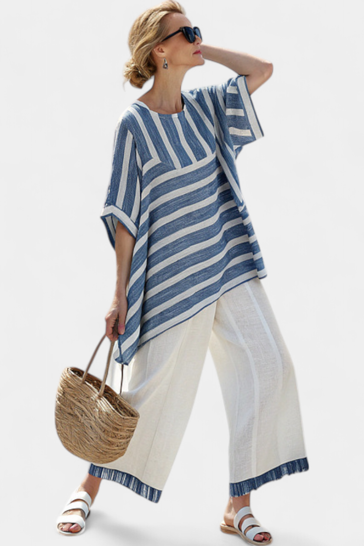 Elegant Mediterranean Linen Set with Blue Stripes and Trousers with a Hem for a Fresh and Chic Look