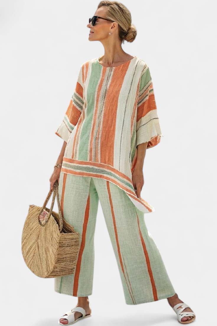 Elegant Bamboo Linen Set with Stripes and Asymmetrical Blouse and Wide Trousers for a Refined Style