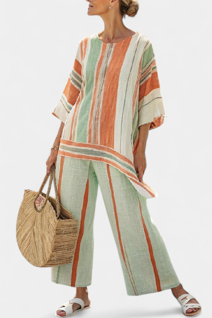 Elegant Bamboo Linen Set with Stripes and Asymmetrical Blouse and Wide Trousers for a Refined Style