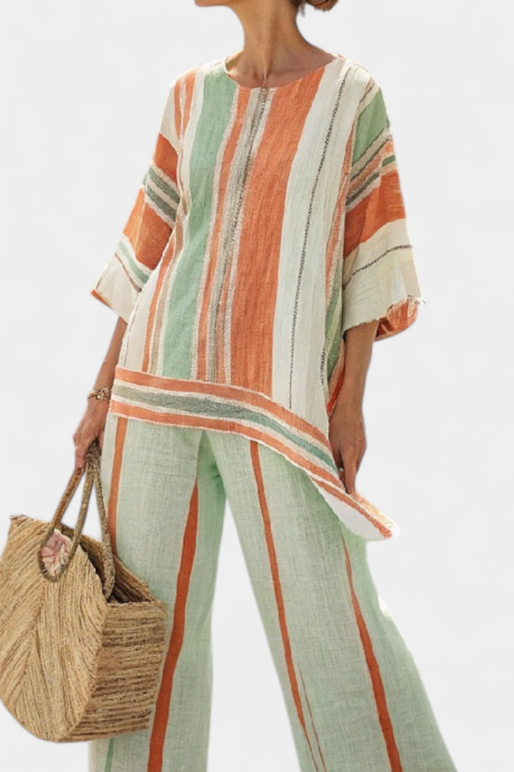Elegant Bamboo Linen Set with Stripes and Asymmetrical Blouse and Wide Trousers for a Refined Style