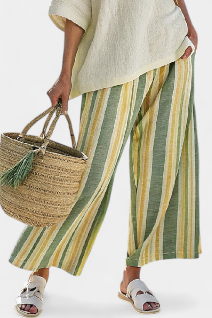 Daisy Mediterranean Bamboo Linen Outfit with Olive Stripes for a Refreshing and Elegant Style