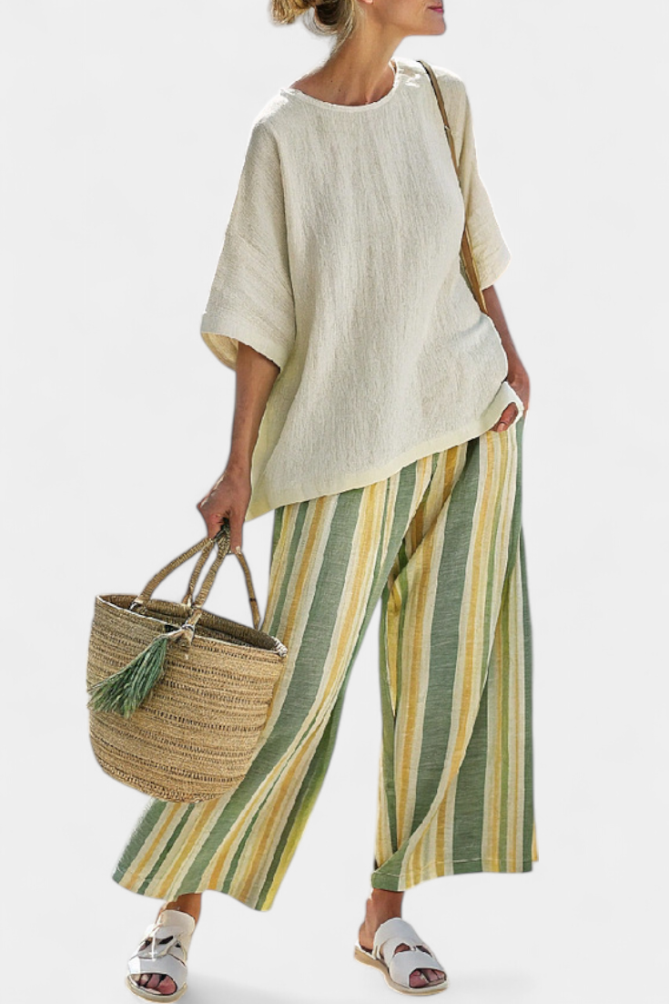 Daisy Mediterranean Bamboo Linen Outfit with Olive Stripes for a Refreshing and Elegant Style