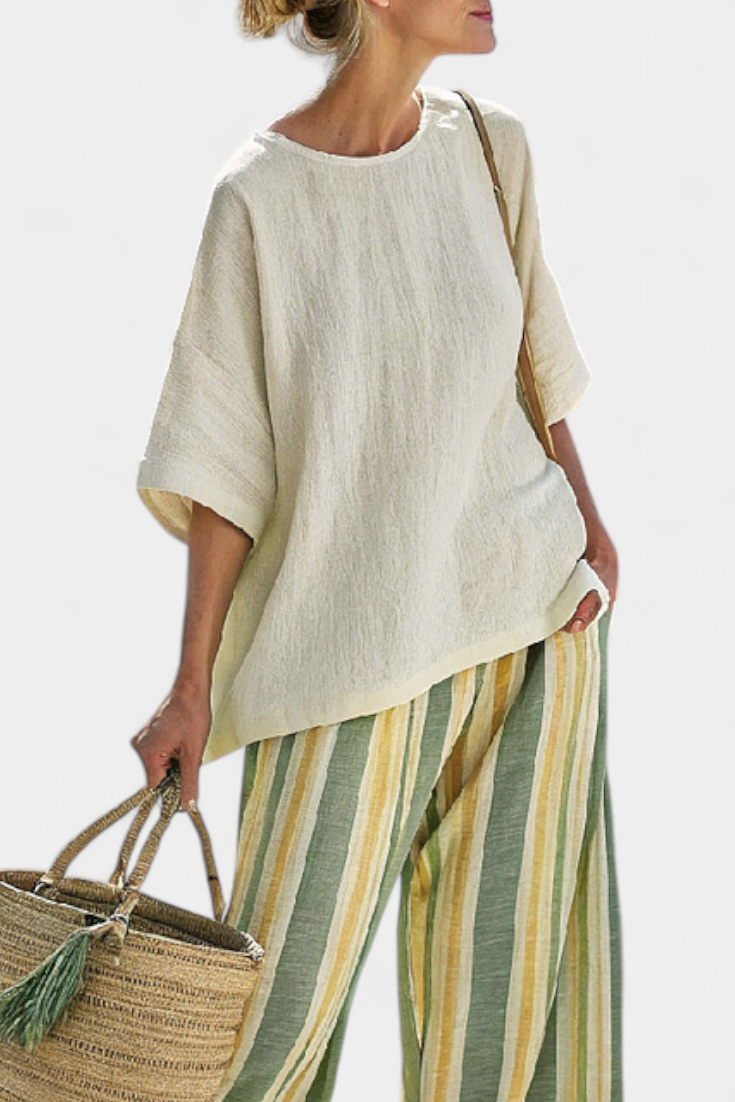 Daisy Mediterranean Bamboo Linen Outfit with Olive Stripes for a Refreshing and Elegant Style