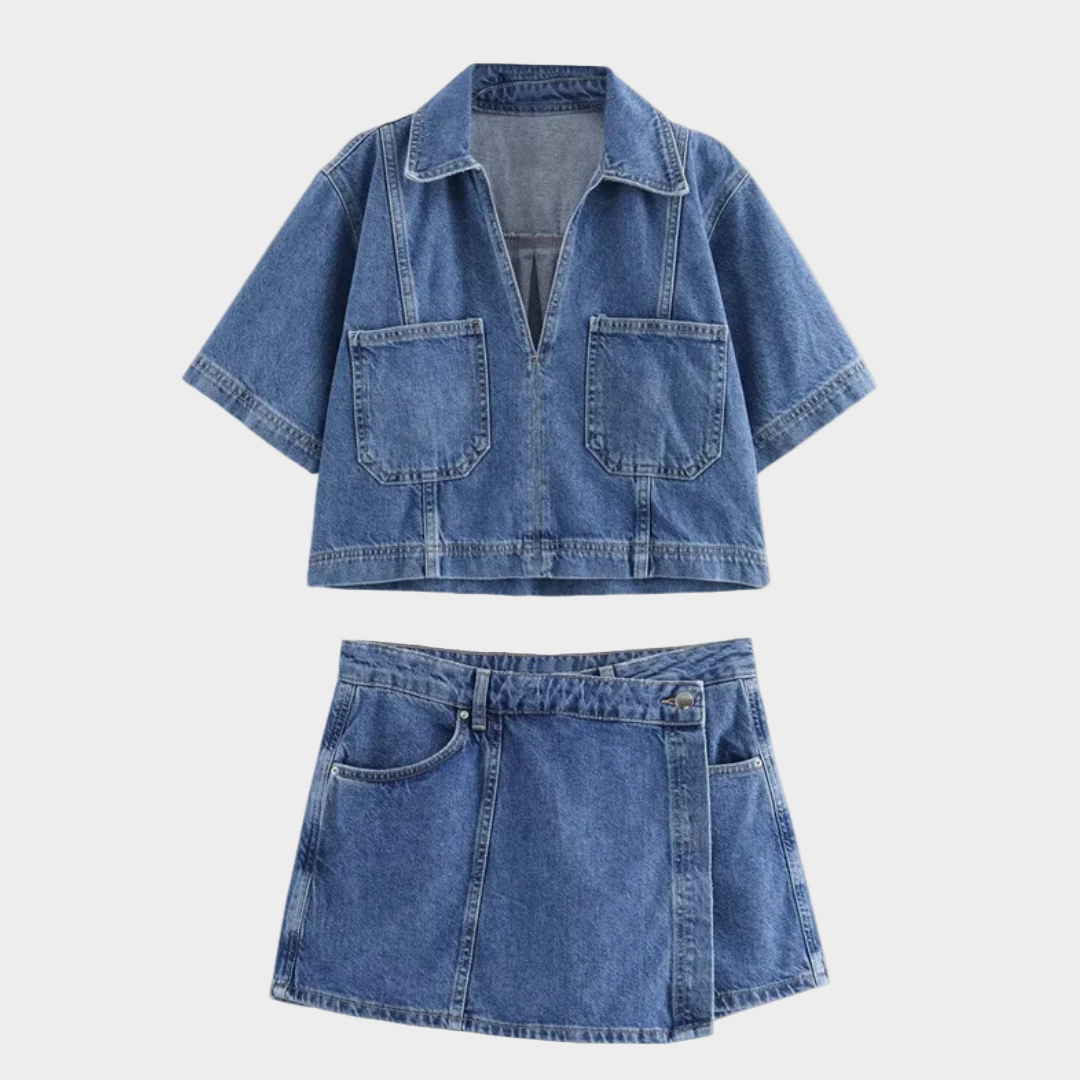 Denim Set with V-Neck
