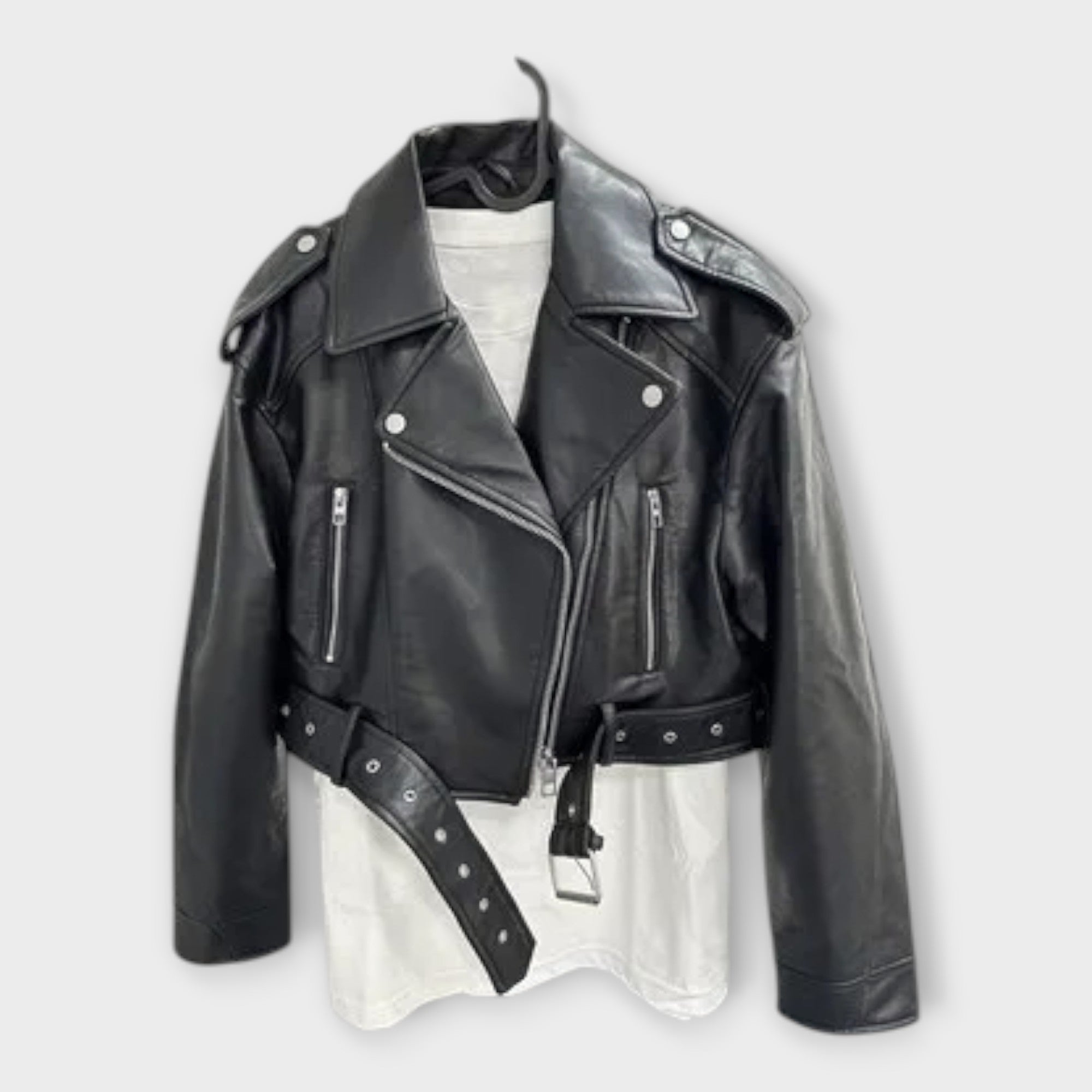 Modern Short Leather Jacket with Belt and Refined Aesthetic